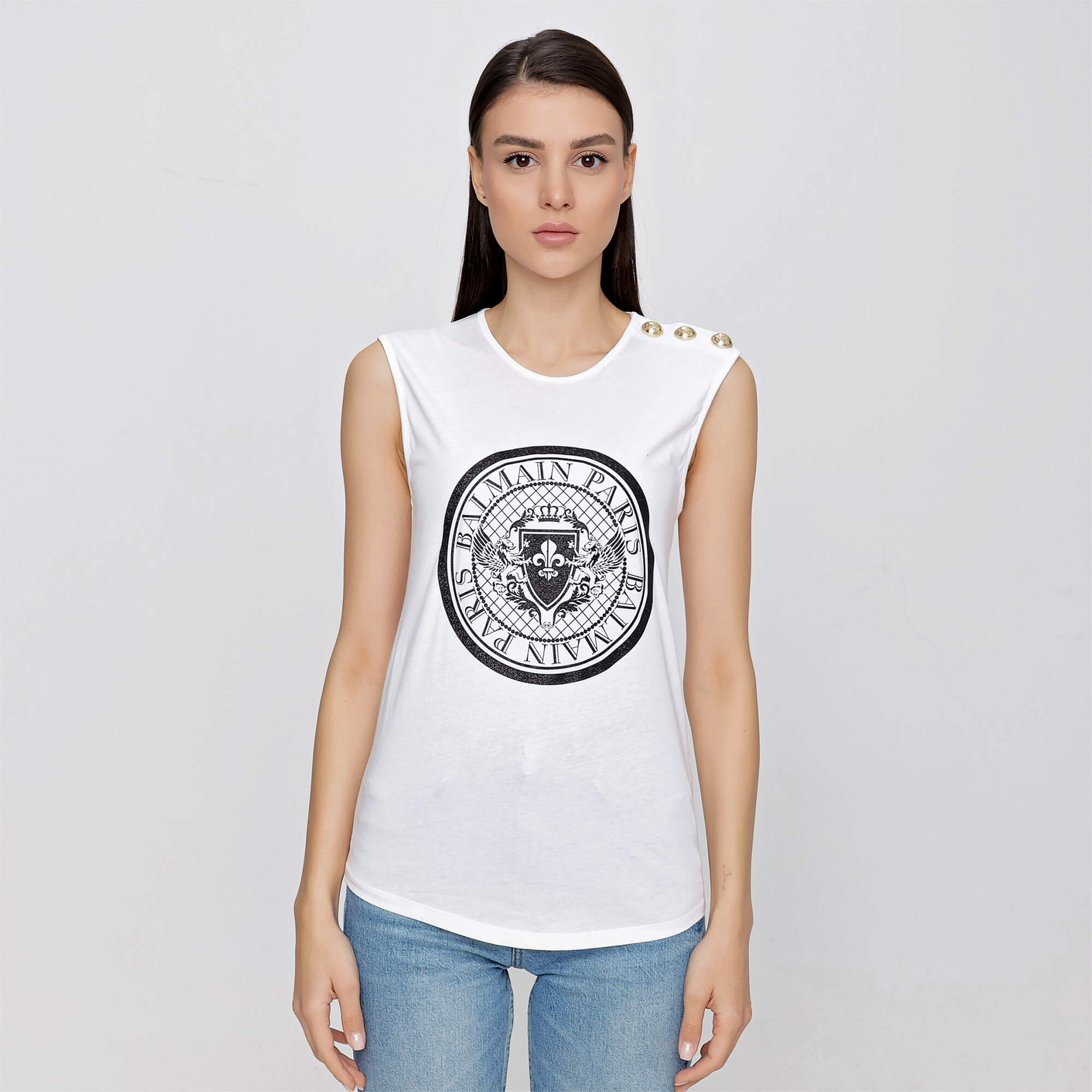 Balmain - White Black Silvery  Iconic Logo & Button Sleeveless